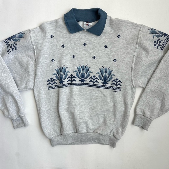 Collared Cross Stitch Embroidered Printed Sweatshirt S - Picture 3 of 9